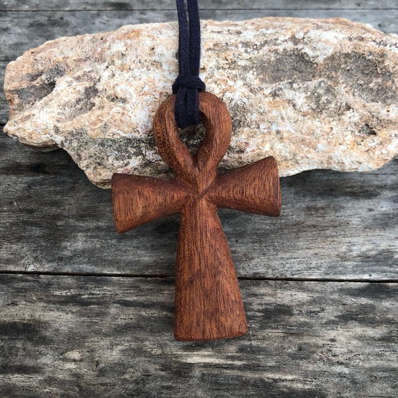 Hand-Carved Mahogany Wooden Ankh Necklace - Picture 1 of 8